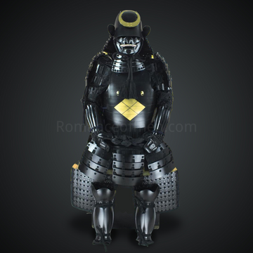 Kuroda Yoshitaka All Black Samurai Armor Tosei Gusoku Style Circle Maedate Black scales with Black Cords